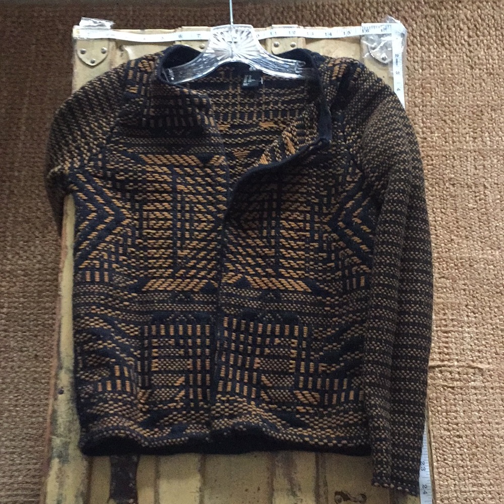 HM H&M STRETCH BOHO PATTERN OPEN WOVEN BLAZER JACKET TAN BLACK TRIBAL SOHO XS - Picture 10 of 13